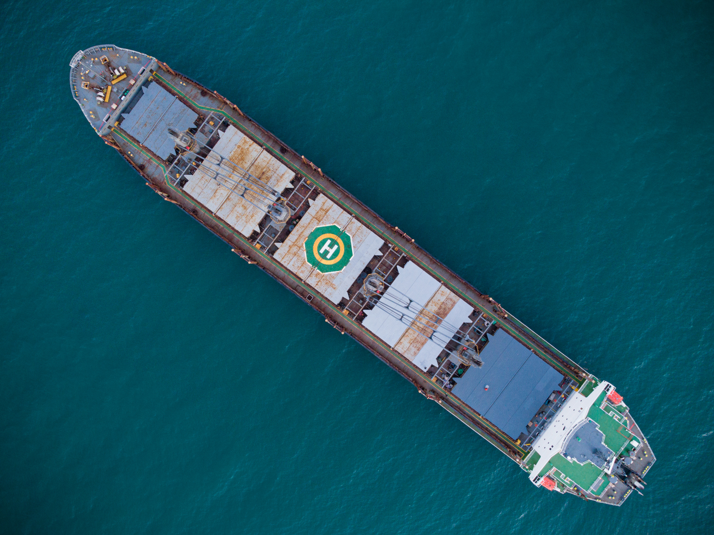 Large general cargo ship, Top down aerial view.